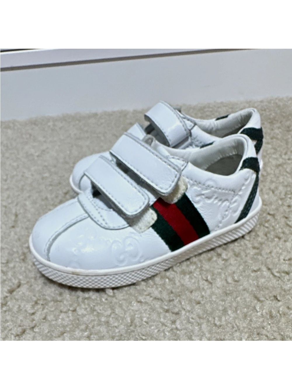 White Kids Velcro Sneakers with Red & Green Stripe Accent